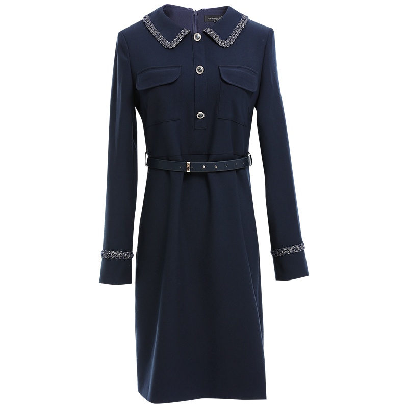 欧昵雪织带拼接娃娃领双口袋衬衫裙女长袖收腰连衣裙