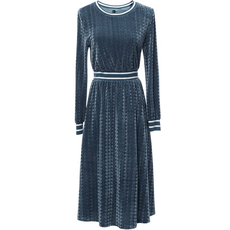 欧昵雪罗纹圆领收腰丝绒连衣裙女套头长袖打底a字裙