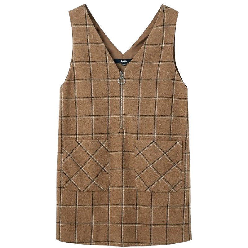 新款拉夏贝尔新款条纹格子毛呢裙连衣裙韩版宽松大口袋V领无袖连衣裙20012495