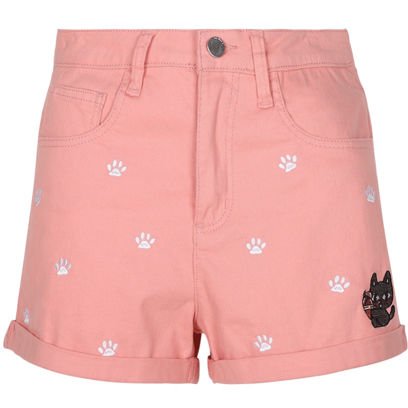 a02新款2020减龄甜美少女卡通刺绣卷边显瘦牛仔短裤女DTV2D0131PN