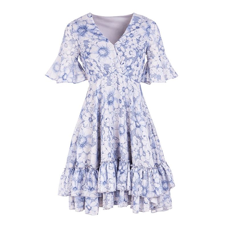 晚白新品V领喇叭袖印花收腰显瘦中长款短袖雪纺连衣裙女