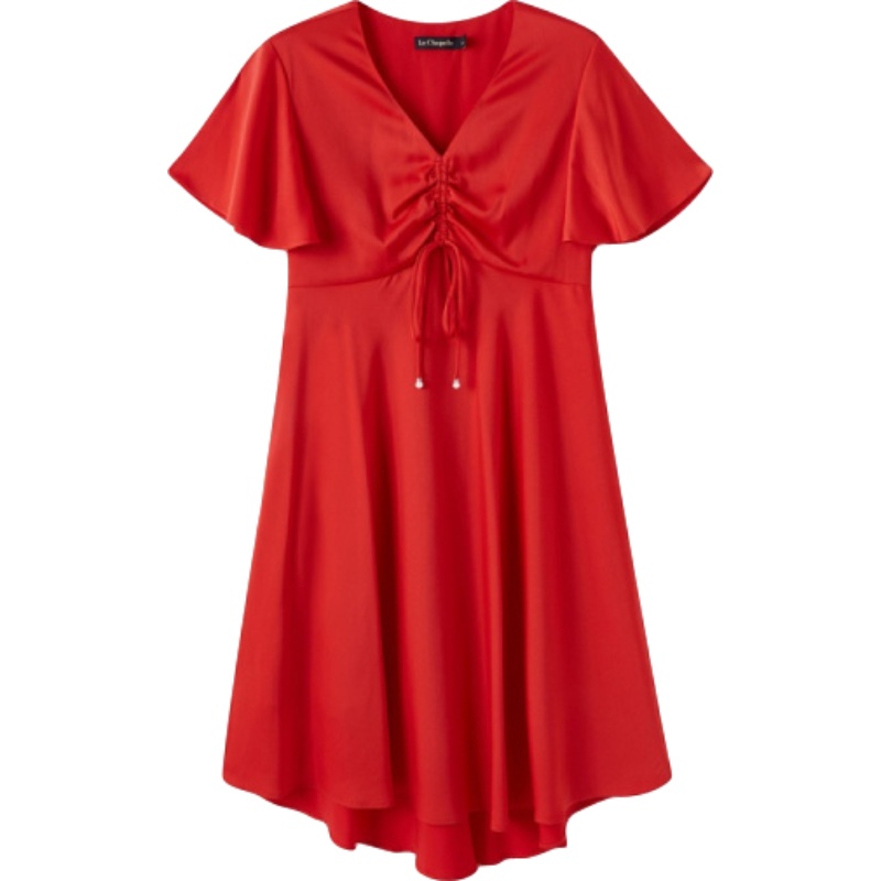 拉夏贝尔新款女装夏季短袖雪纺碎花连衣裙v领仙女荷叶边中裙