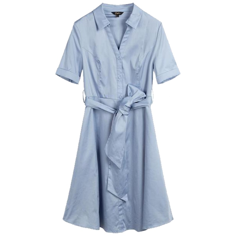 【热卖】衬衫裙女中长款夏季新款韩版褶皱奶油裙子 文艺短袖V领连衣裙3008159