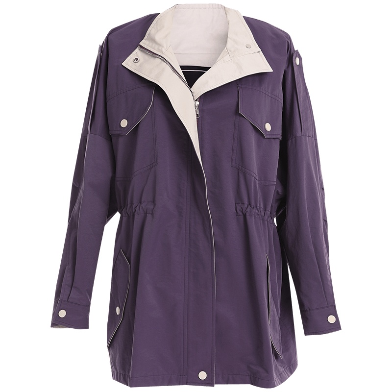 欧昵雪立领拉链防风中长款宽松工装风衣外套女长袖