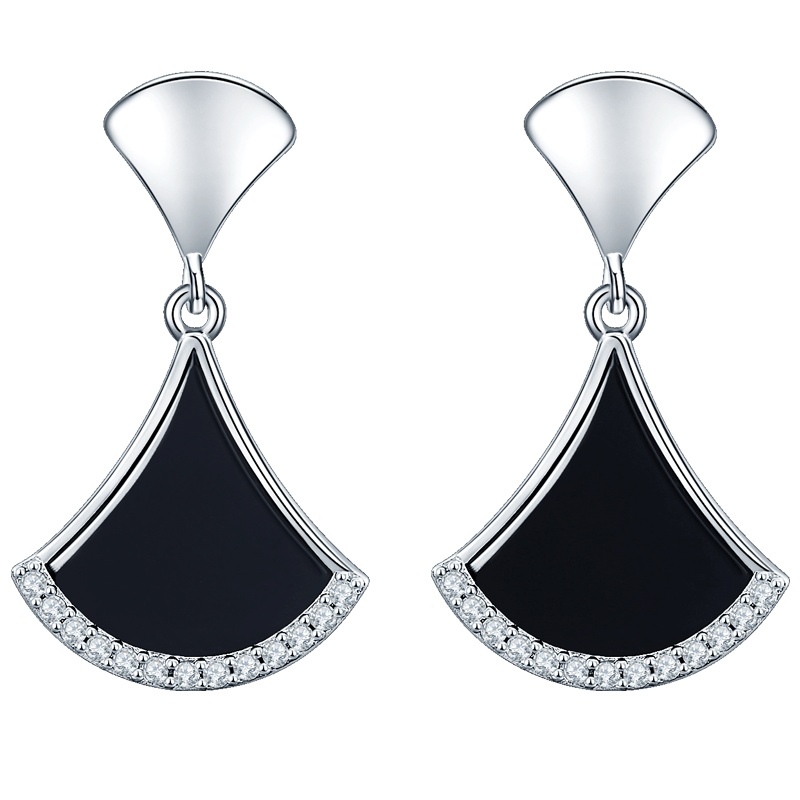 佰色传情纯银黑色扇形设计气质百搭时尚耳钉女耳环耳饰高级感耳坠