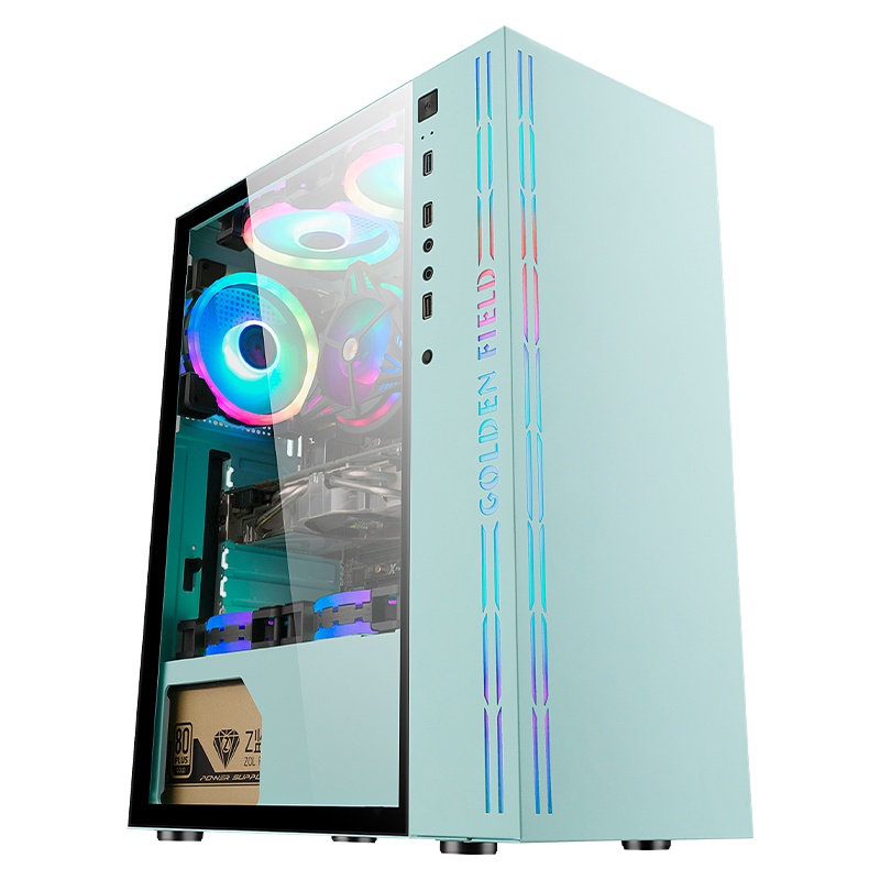 金河田冰魄蓝电脑机箱台式机钢化玻璃diy水冷游戏蓝色主机空箱搭配6个魔环风扇