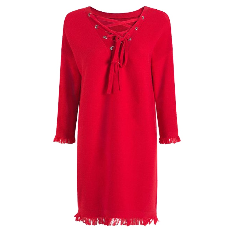 拉夏贝尔秋装新款时尚淑女七分袖中长款显瘦流苏针织衫女10012049