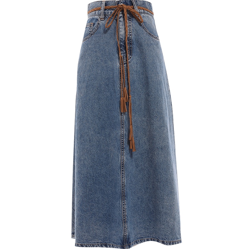 欧昵雪简约高腰系带牛仔半身裙女显瘦中长款A字裙子