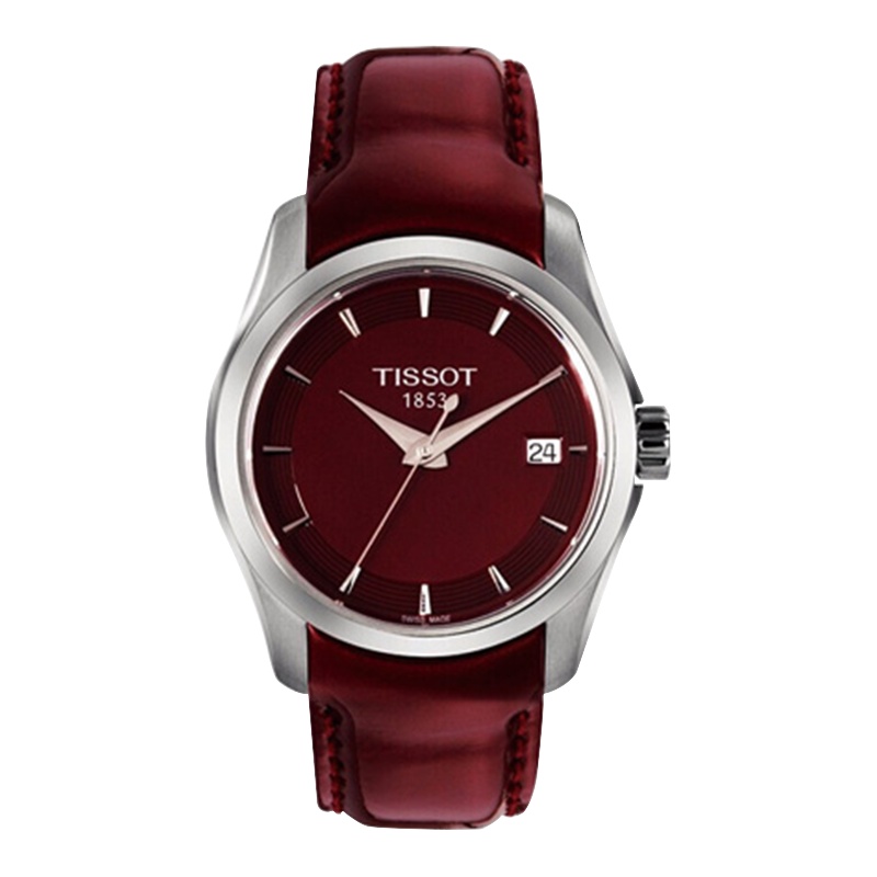 天梭(TISSOT)瑞士手表 时尚气质酒红盘法式风情 库图系列皮带女士石英表T035.210.16.371.01 礼物