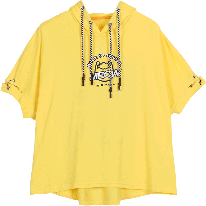 a02新款街头风连帽抽绳字母破洞金属圈短袖T恤女DTU2D0291KT