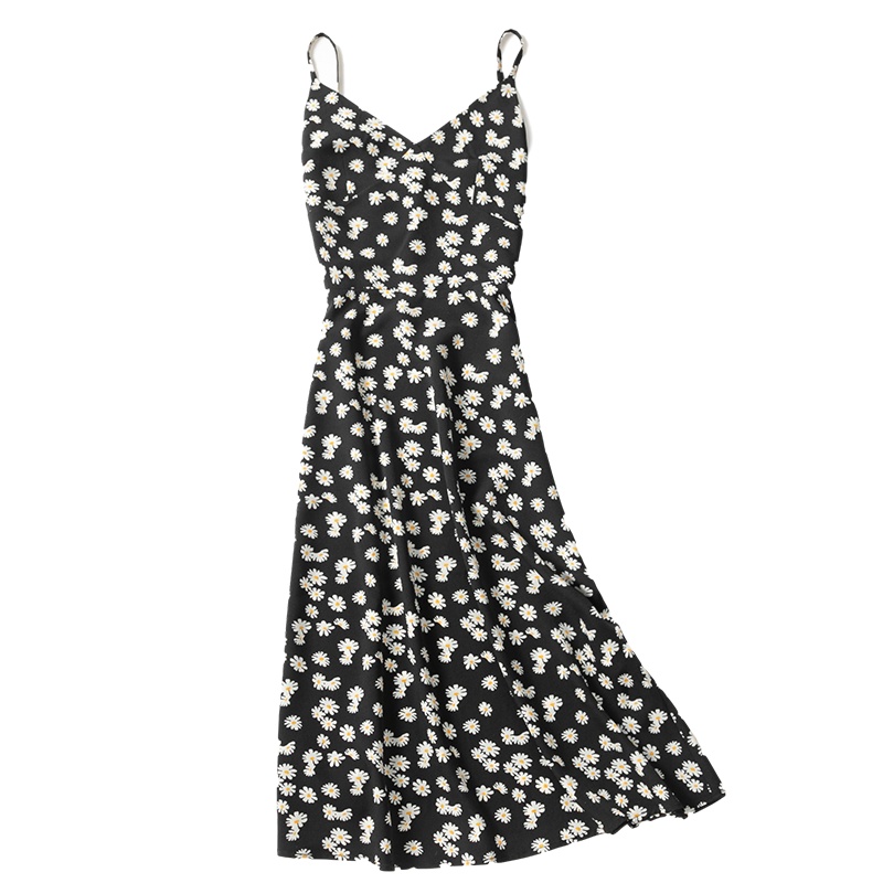 [苏]拉夏贝尔法式连衣裙夏季新款复古小雏菊高腰显瘦收腰长款吊带度假中长裙