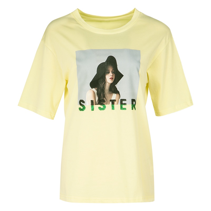 晚白新品简约时尚休闲百搭印花钉珠宽松常规短袖T恤衫女