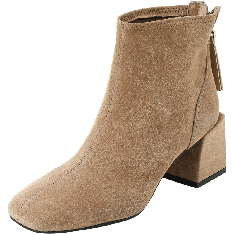 百田森新款方头时装靴粗跟时尚翻毛皮短靴女真皮网红靴子女