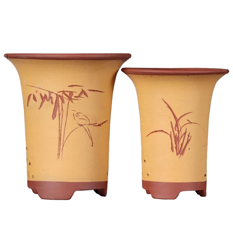 古达宜兴紫砂花盆兰花盆多肉植物花卉盆栽 清雅兰花盆大口径盆 素雅灰 图片尺寸是外径和总高 款黄色