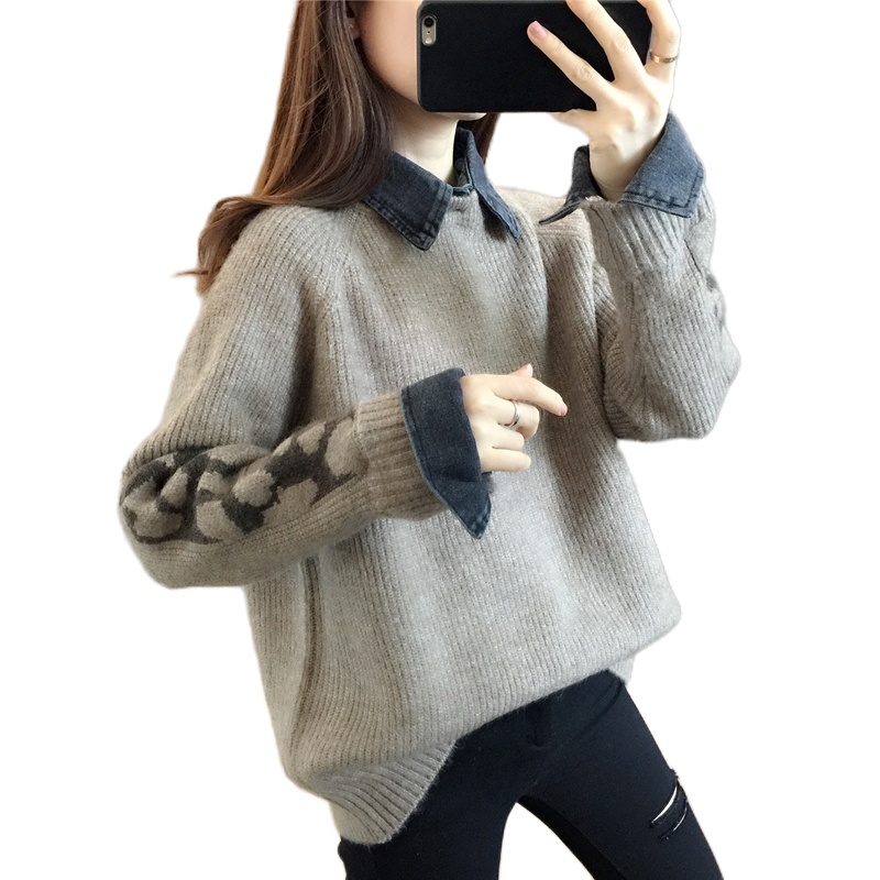 小样传奇 牛仔领套头毛衣女2021秋季新款女装韩版针织打底上衣百搭外套秋冬