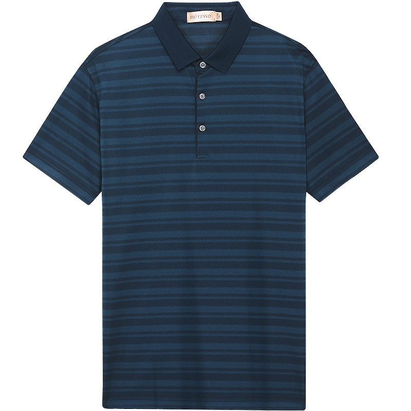 红豆旗下高端品牌轩帝尼(HETINNE)男装2019夏新款轻奢商务男装翻领横条纹短袖男式T恤