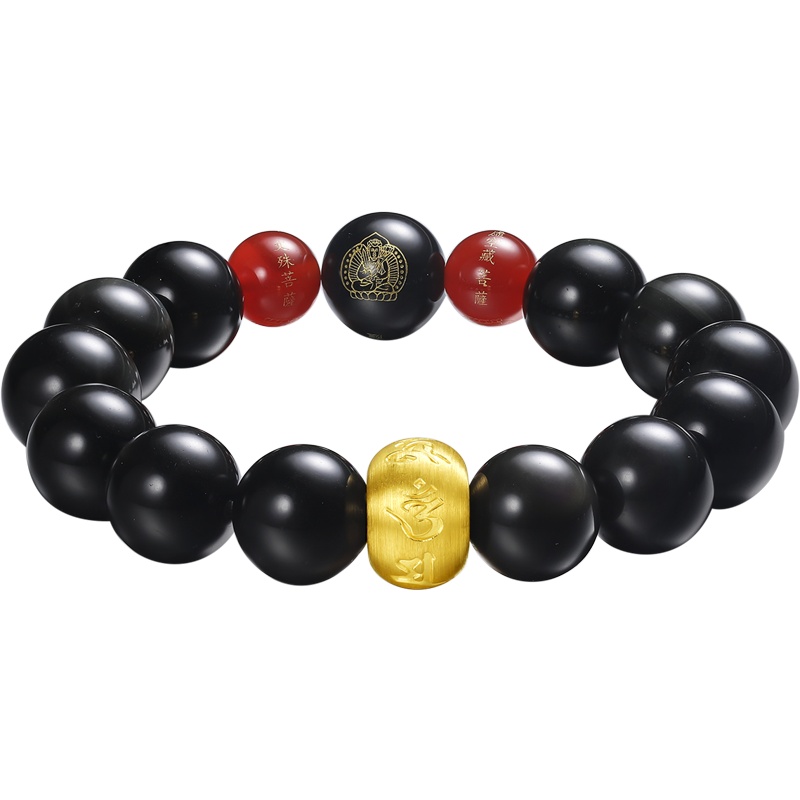 周大生黄金手链男女正品新款3D硬足金黑曜石六字手串