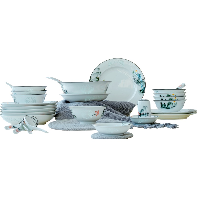 碗碟套装 家用中式景德镇陶瓷器碗盘组合简约水墨陶瓷餐具套装碗30头餐具墨上花开