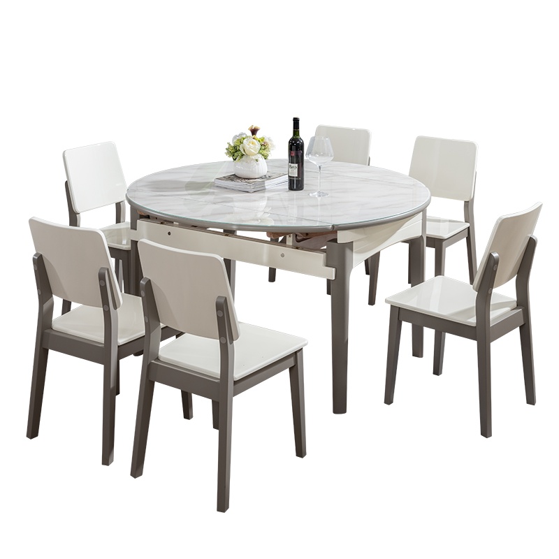 掌上明珠家居 可折叠 圆形餐桌简约餐厅 玻璃台面餐桌饭厅 四人桌餐椅组合