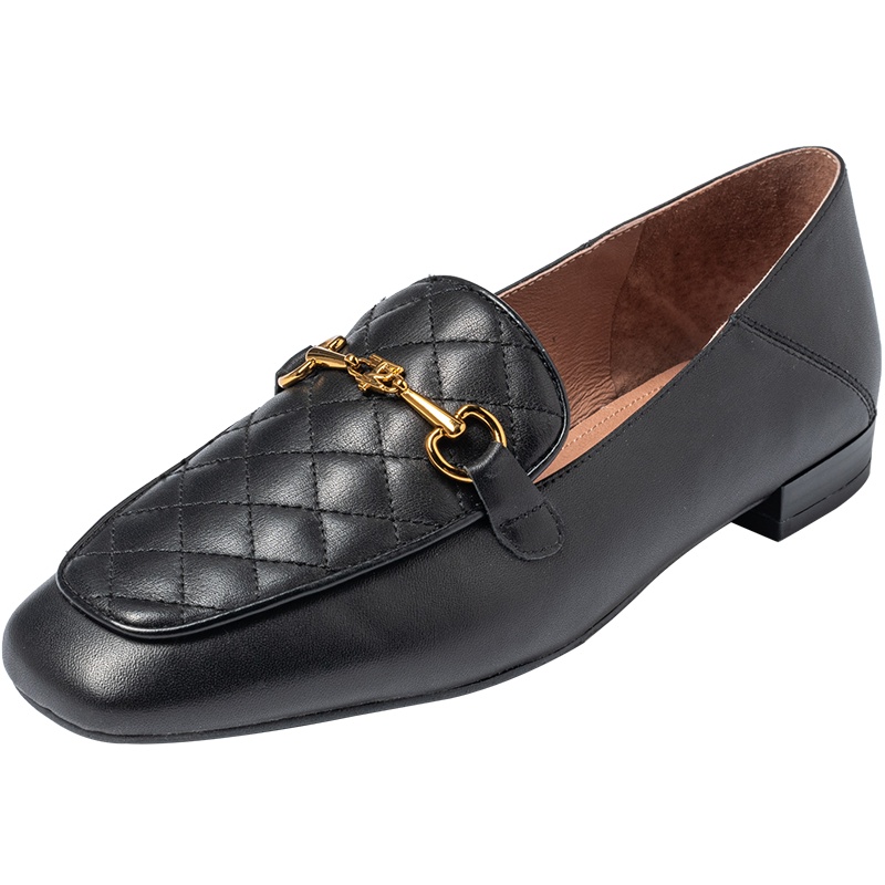 百田森秋季新款乐福鞋女方头时尚菱格纹真皮英伦低跟单鞋女