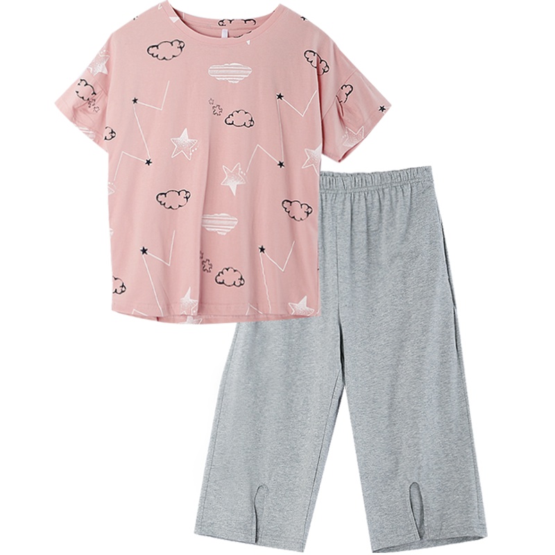 红豆居家(Hodohome)春夏女士纯棉卡通印花清新风可外穿短袖睡衣家居服套装