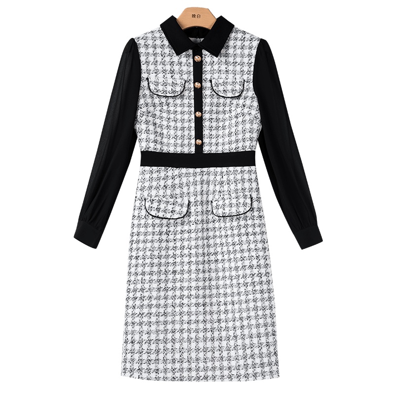 晚白2021春季新品时尚修身拼色翻领长袖包臀毛呢裙衬衫连衣裙女