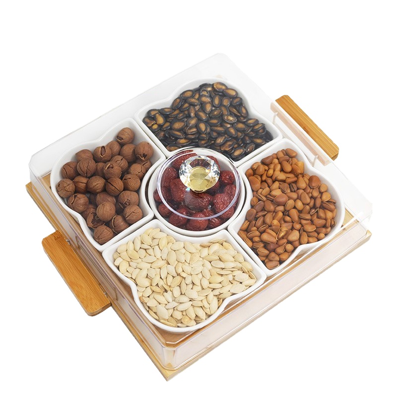 企购优品晋初瓷相见日式带盖水果盘创意分格陶瓷干果拼盘家用零食点心坚果盒