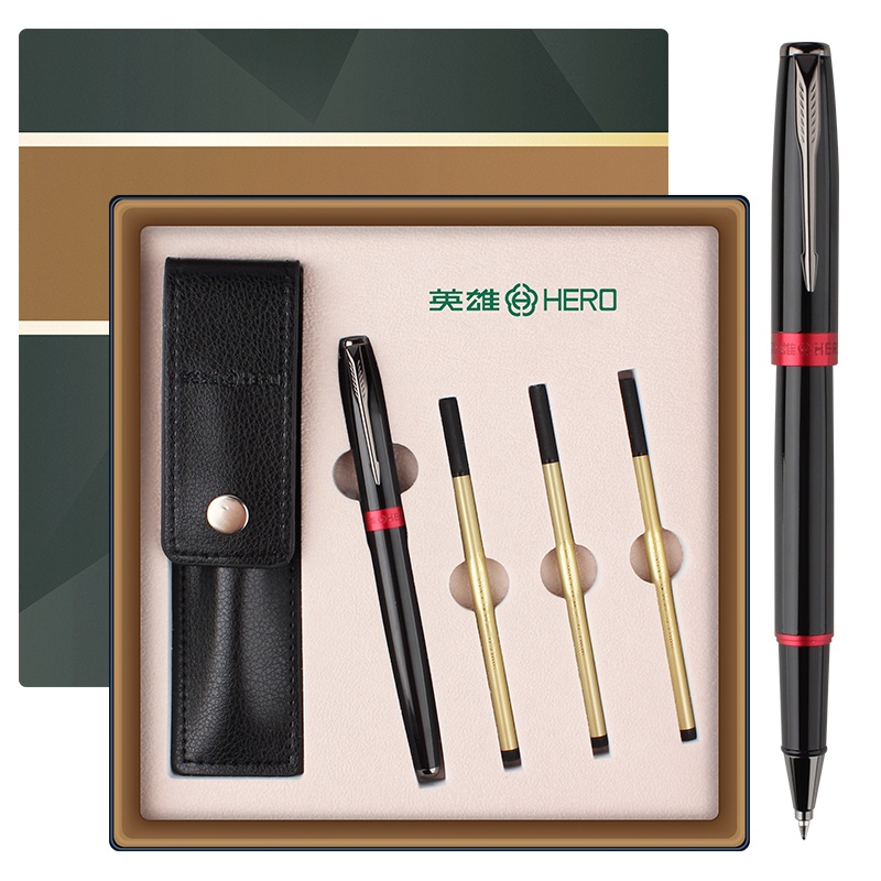 英雄(HERO) 宝珠笔5020A金属签字笔礼盒装组合套礼物送礼黑色练字笔