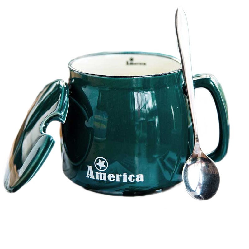 亿嘉IJARL 创意早餐陶瓷马克杯情侣咖啡杯牛奶杯带盖带勺办公杯水杯子 绿色美利坚国家杯