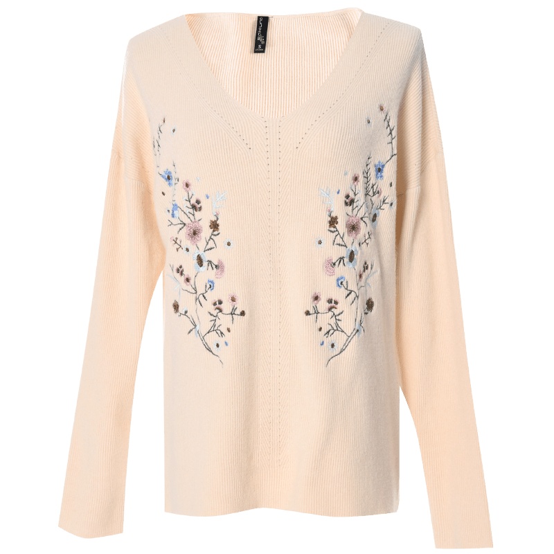 欧昵雪时尚V领绣花长袖宽松针织衫女显瘦遮肚毛衣