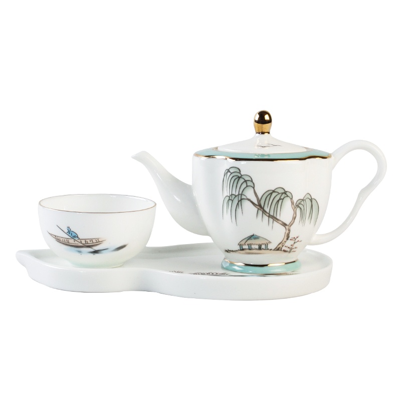 米兰度(Milandu)新中式高档骨质瓷轻奢茶杯茶壶套装雅趣茶具四件套居家办公送礼茶具礼盒套装 西湖佳宴系列茶具四件套