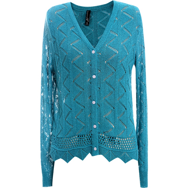 欧昵雪减龄V领显瘦镂空波浪针织开衫女短款长袖上衣