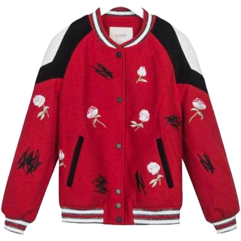 拉贝缇秋冬季女士短款宽松韩版学生直筒绣花长袖原宿潮风呢子毛呢外套60006223