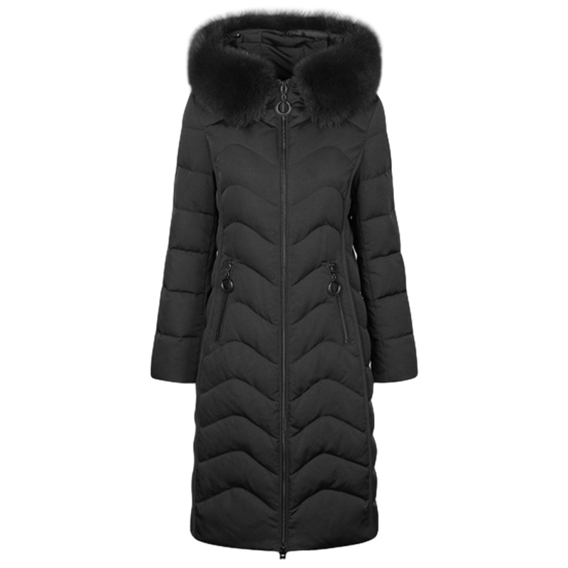 拉夏贝尔中长款羽绒服2019冬季新款长袖连帽韩版宽松毛领外套女10022142_168 S 黑色