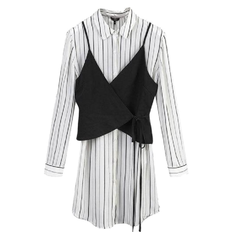 上新拉夏贝尔秋冬新款韩版系带马甲中长款竖条纹衬衣两件套女10016336