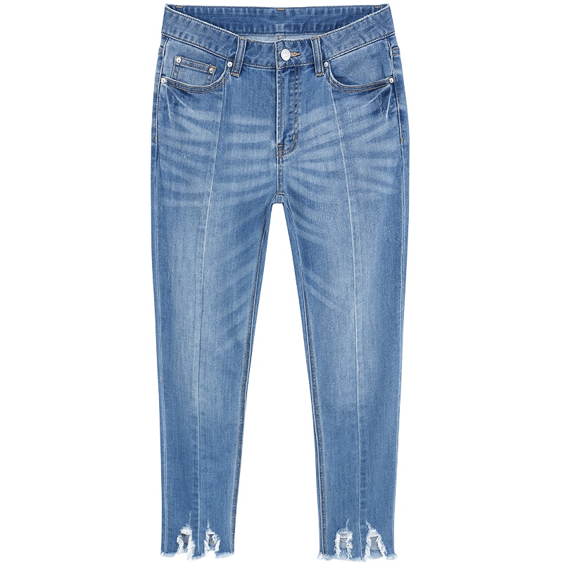 马克华菲女装2018夏新款蓝色不规则牛仔裤女高腰撕边直筒长裤