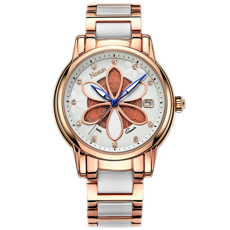 正品尼尚(NESUN)手表女士石英表 女时尚潮流玫瑰金防水休闲时尚镶钻日历陶瓷女表皮革带腕表M-9065