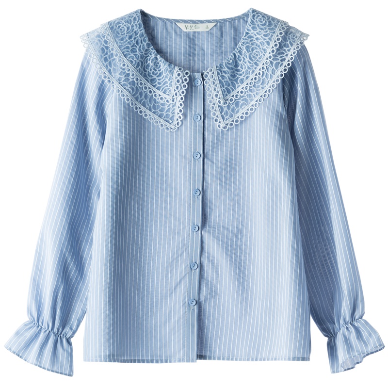 芊艺荷叶袖条纹衬衫女2019秋季新款韩版显瘦娃娃领长袖衬衣小清新上衣10695
