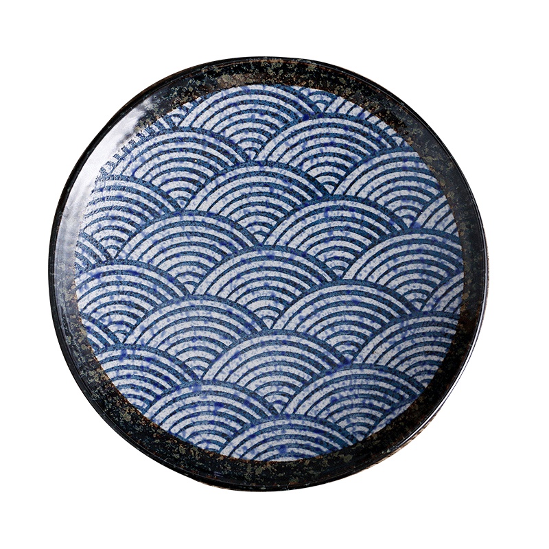 苏宁极物 日本进口爱悦烧青海波釉下彩碗盘碟日式鱼盘和风长方盘陶瓷餐具套装家用(青海波24厘米平盘)