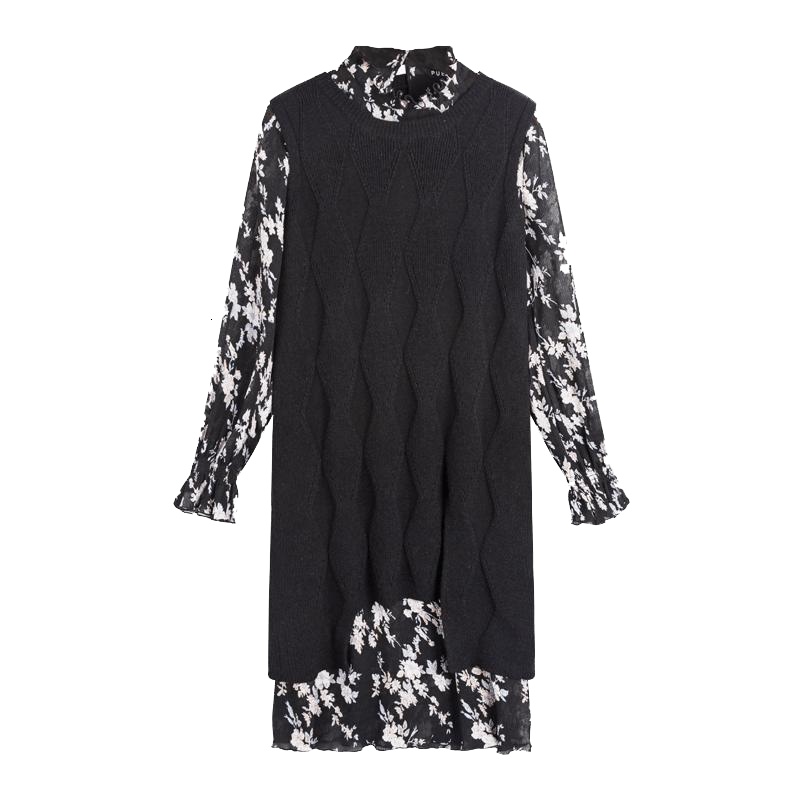 拉夏贝尔碎花雪纺连衣裙两件套女2019春秋新款韩版半高领针织背心裙套装夏20011587