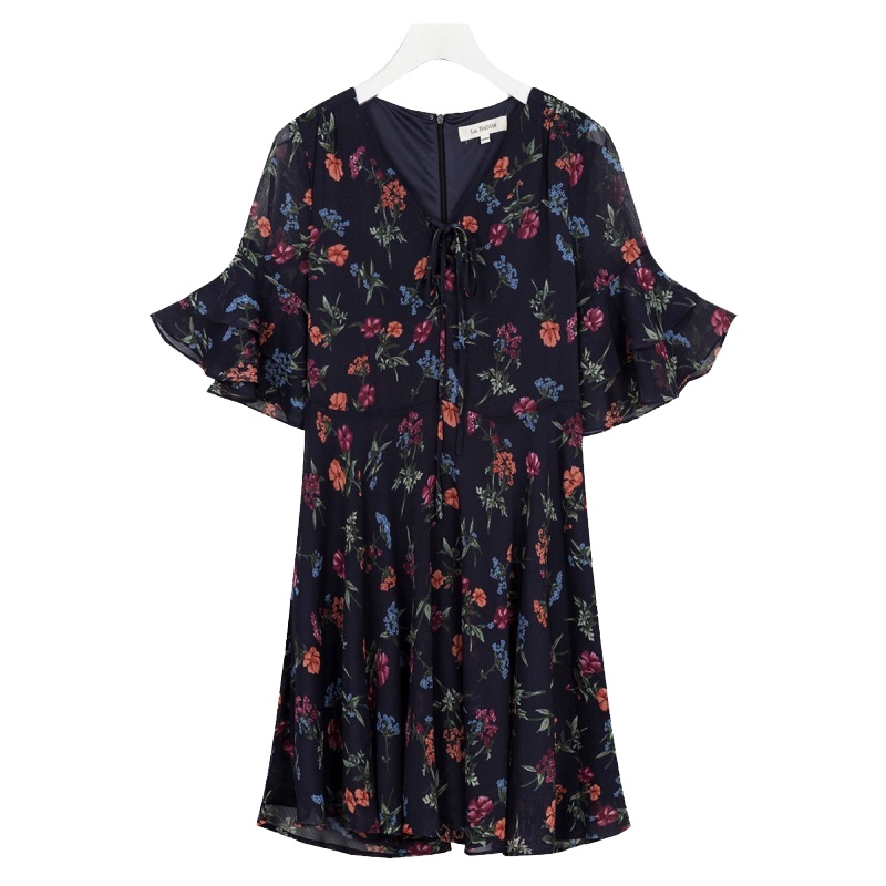 【专柜同款】拉贝缇夏季V领系带荷叶边五分袖高腰宽松短款A字连衣裙