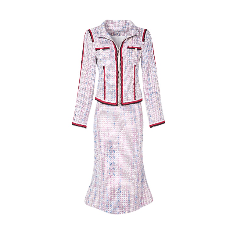 晚白2020冬季新品简约时尚小外套高腰包臀鱼尾裙半裙小香风套装女