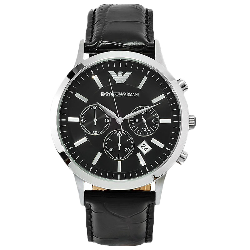 阿玛尼（ARMANI）黑色鳄鱼纹皮带时尚三眼商务休闲男表AR2447