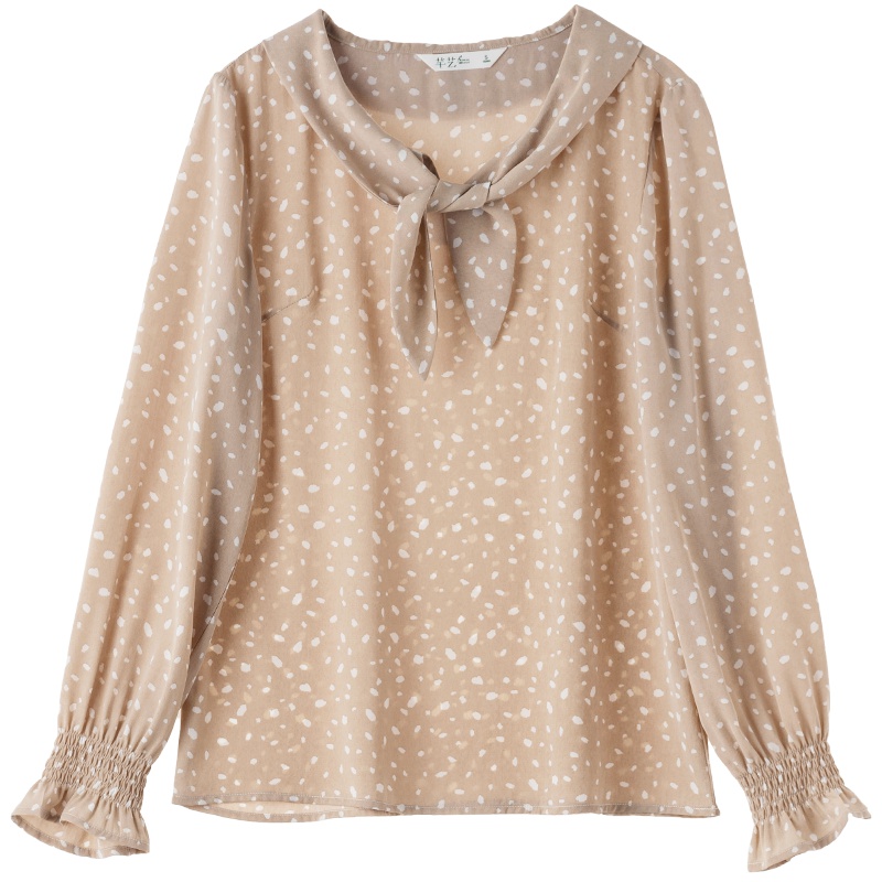 芊艺淑女长袖衬衫女2019秋装新款韩版宽松波点雪纺衫蝴蝶结上衣10378