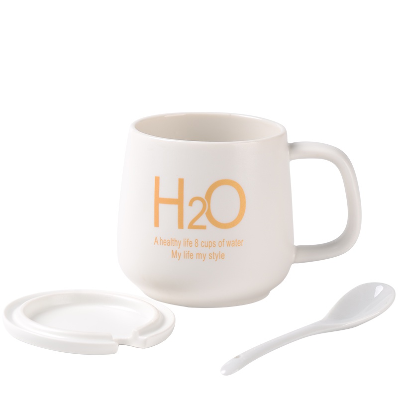 瓷魂 创意陶瓷杯子情侣水杯咖啡杯带盖带勺马克杯牛奶杯 H2O白色