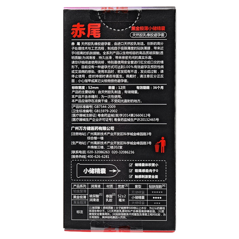 赤尾避孕套玻尿酸润滑情趣用品计生用品安全套黑金小储12只