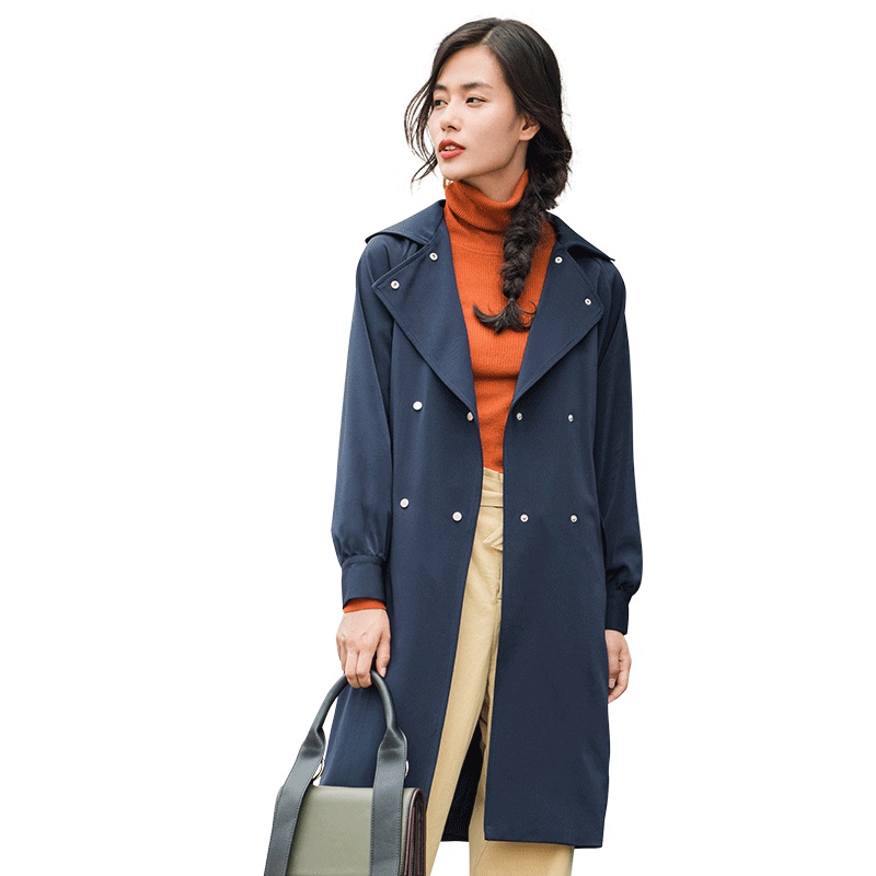 茵曼春秋装新款翻领配腰带端庄大气宽松长袖风衣外套女中长款