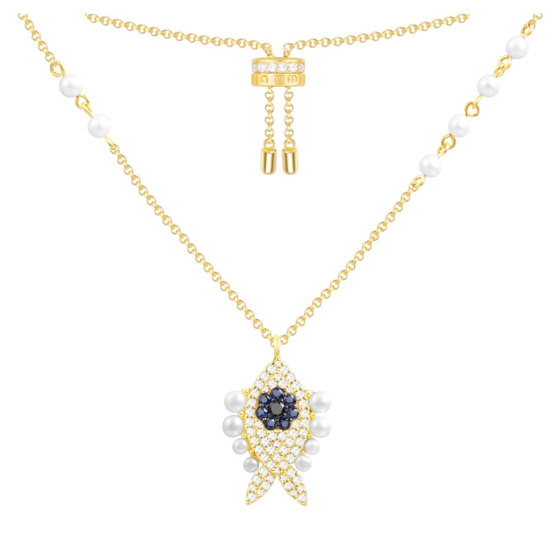 apm MONACO幸运小鱼珍珠项链女男 法式时尚吊坠颈饰锁骨链 复古毛衣链银饰品