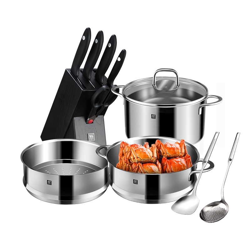 双立人(ZWILLINGJOY puls 30cm中式炒锅套装不锈钢炒菜锅汤锅炖锅蒸笼奶锅切菜刀蔬果刀厨房炊具组合