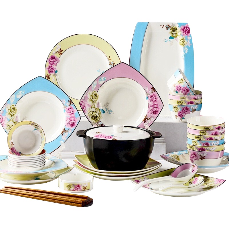 亿嘉IJARL碗碟套装陶瓷盘子碗 中式复古风餐具套装可微波 月贵纷菲56头